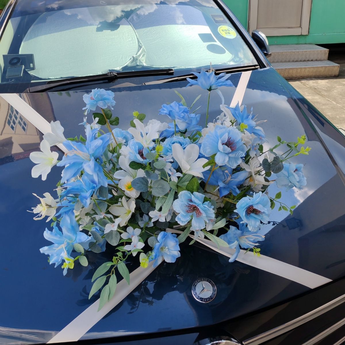 Artificial flowers wedding car decor blue white hydrangea delphinium Singapore