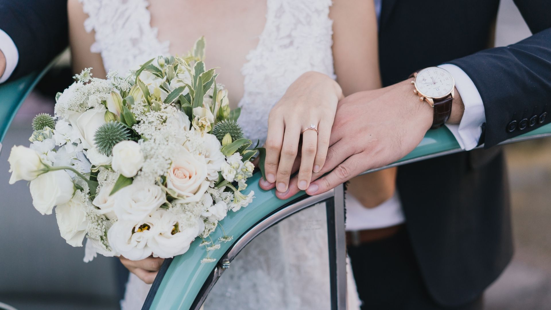 Bride holding rustic white green bridal bouquet wedding Singapore Fleuriste