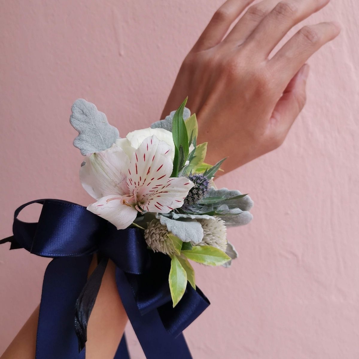 Bridesmaid wrist corsage blush flowers navy wedding Singapore