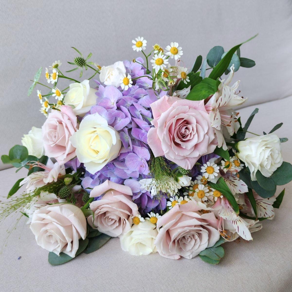 Classic bridal bouquet purple lilac camomile daisies roses Singapore