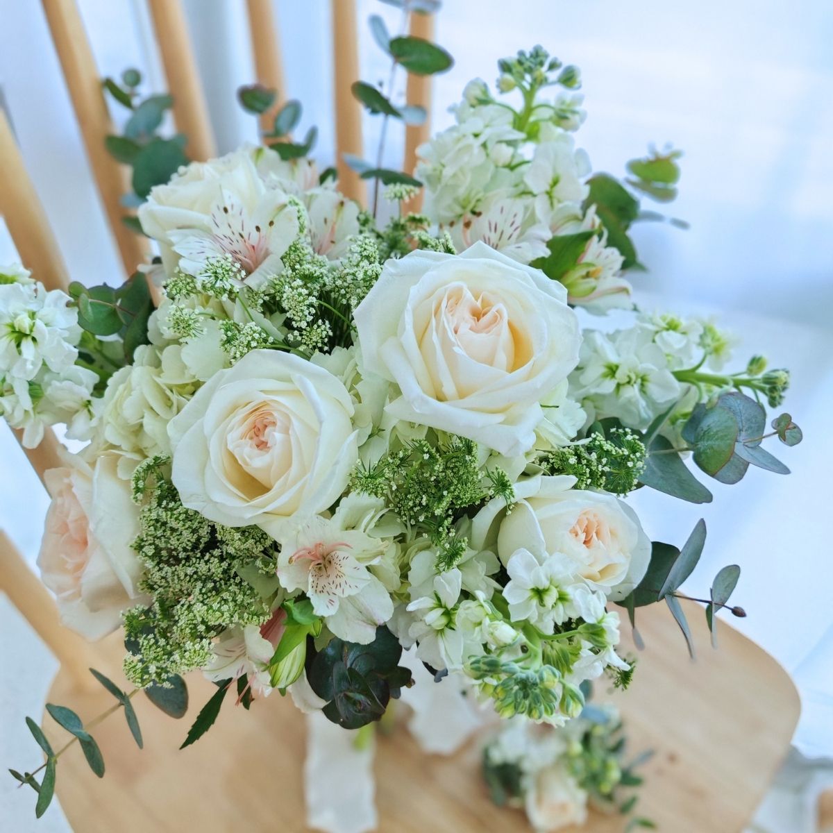 Classic Korean style bridal bouquet white green roses hydrangea Singapore