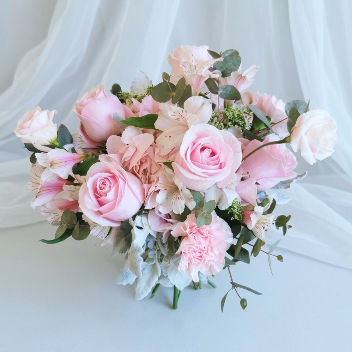 Classic bridal bouquet blush pink carnations hydrangea Singapore
