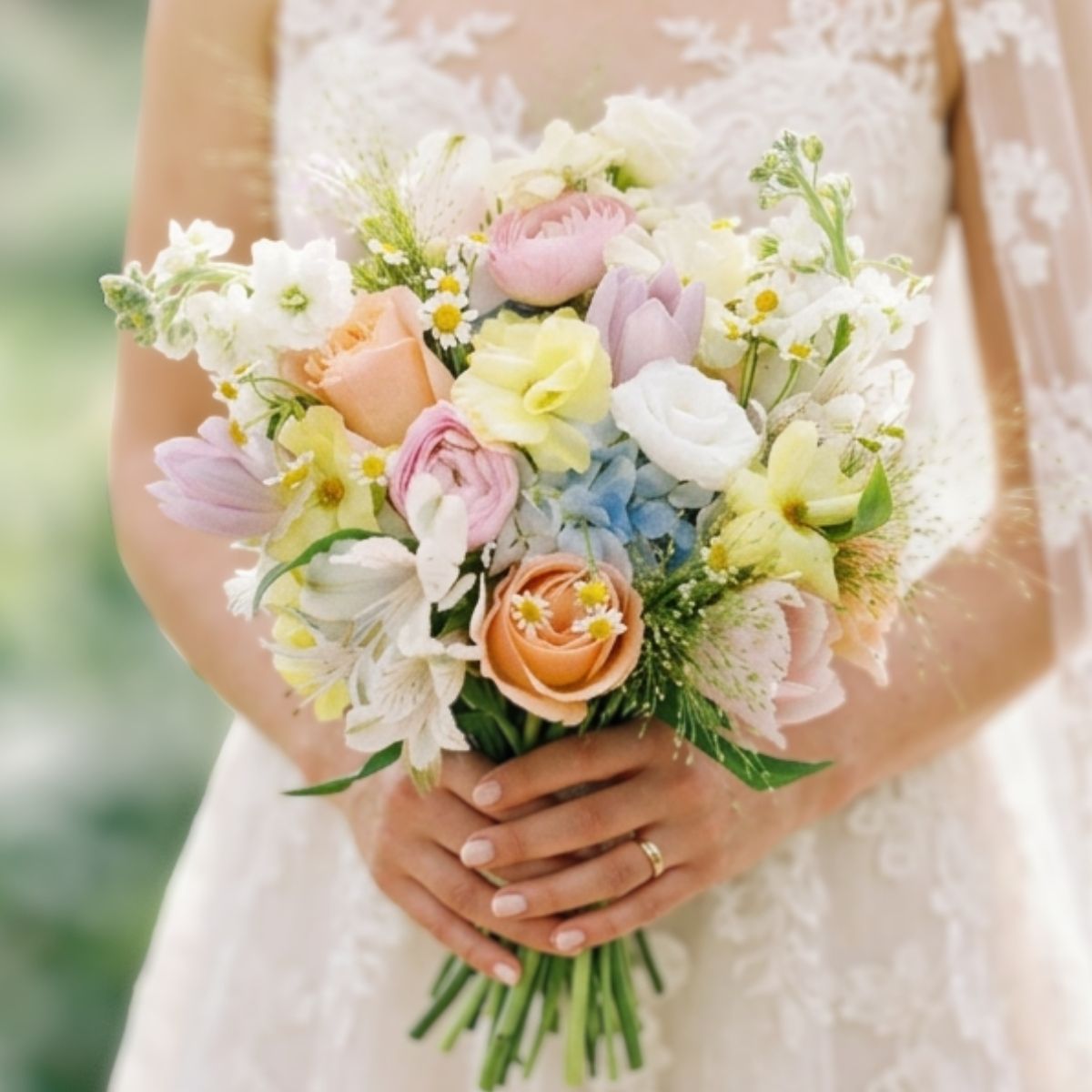 Dainty Korean style signature bridal bouquet tulips lilac blue hydrangea Singapore