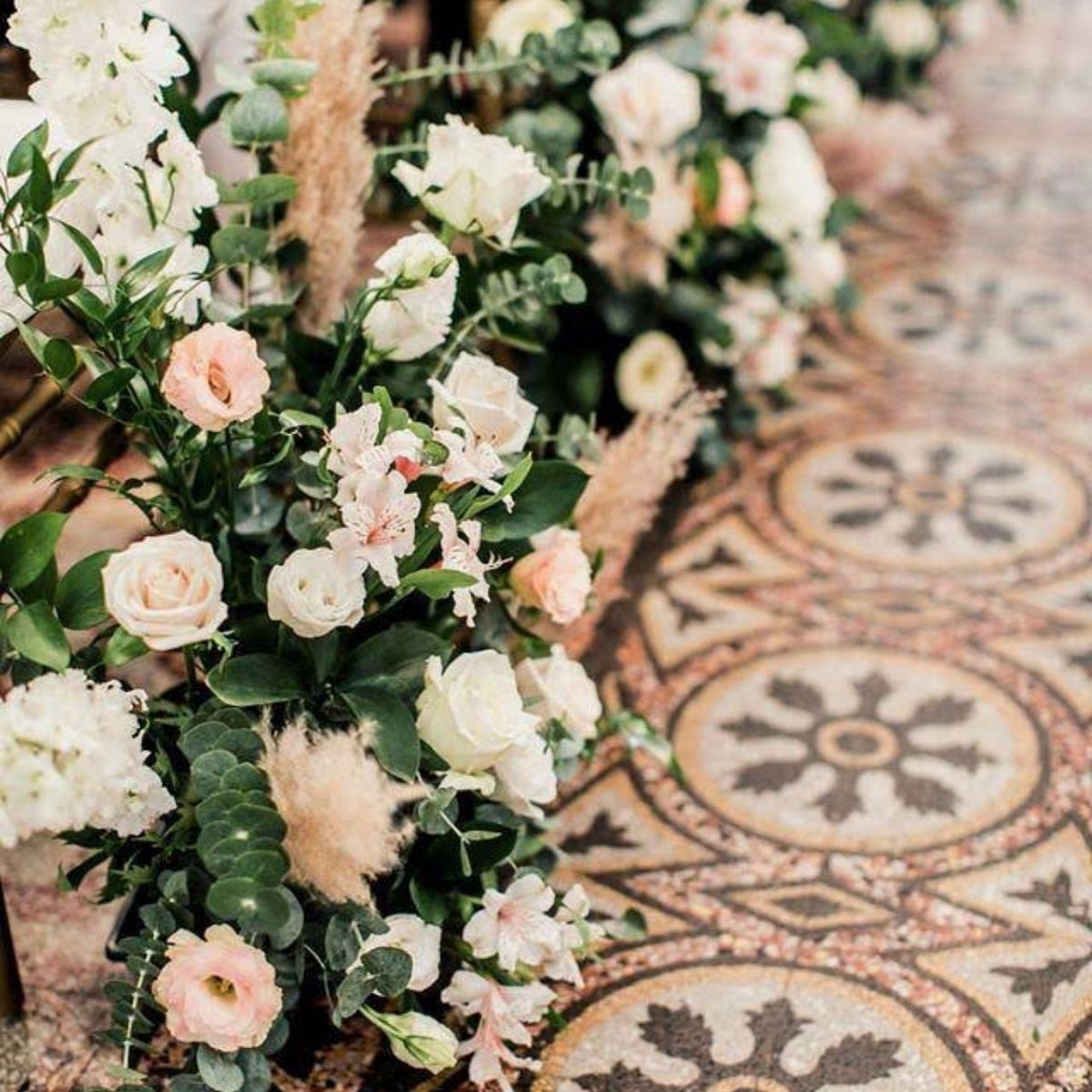 Fresh flowers Chijmes venue styling aisle hedges white green Singapore
