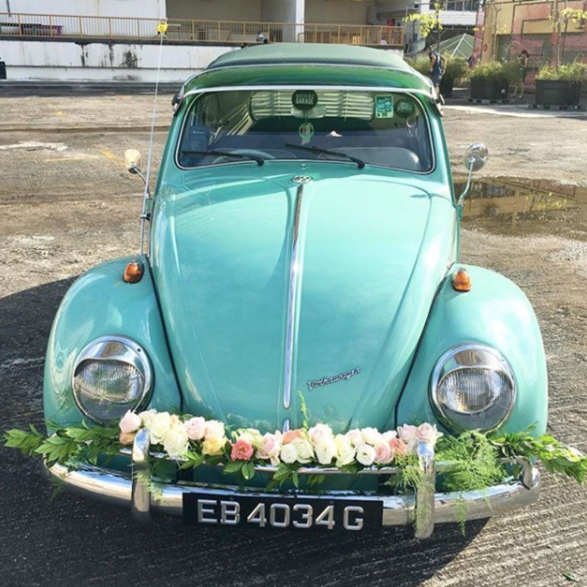 Fresh flowers wedding car decor vintage turquoise Volkswagen Beetle Singapore
