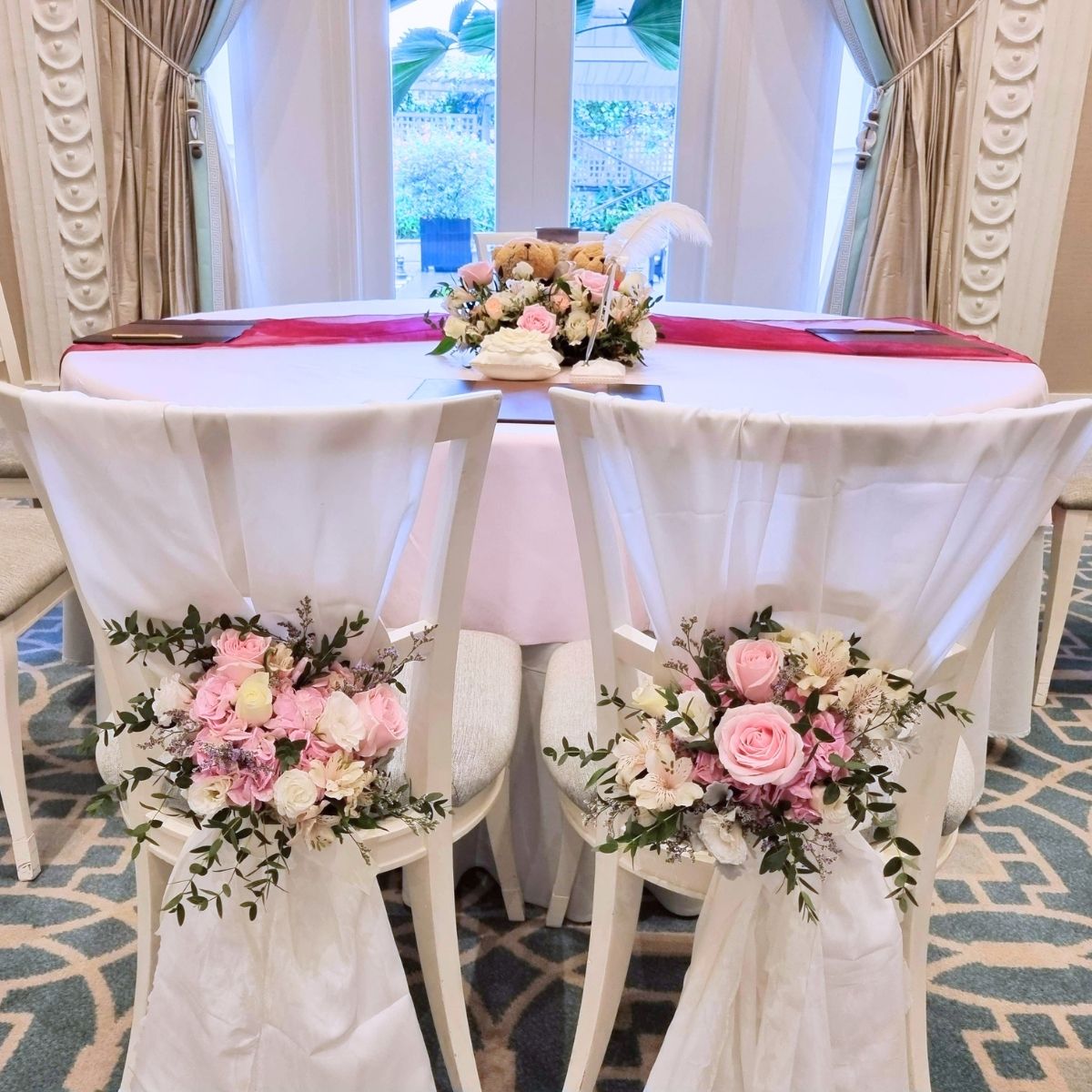 Fullerton Hotel pink blush solemnization floral chairbacks wedding Singapore