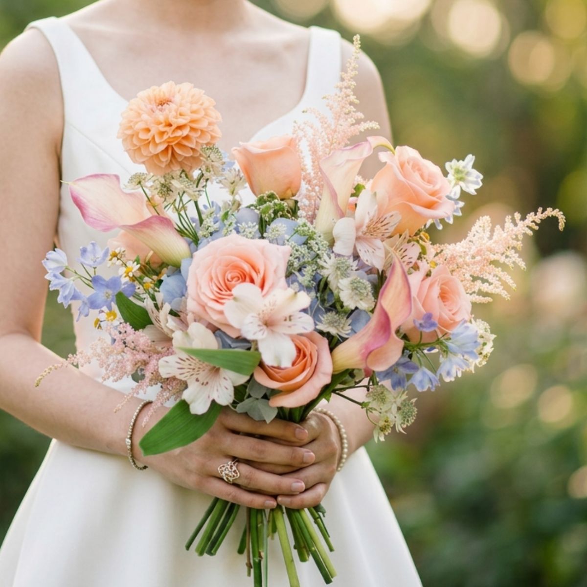 Garden style premium bridal bouquet peach dahlia roses calla lily delphinium Singapore