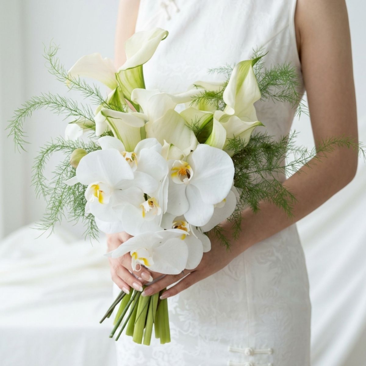 Premium minimalist bridal bouquet white phalaenopsis orchid calla lily Singapore