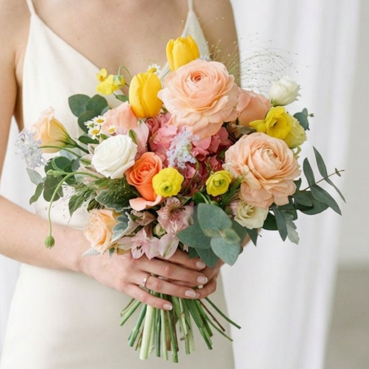 Korean style signature bridal bouquet peach coral roses ranunculus Singapore