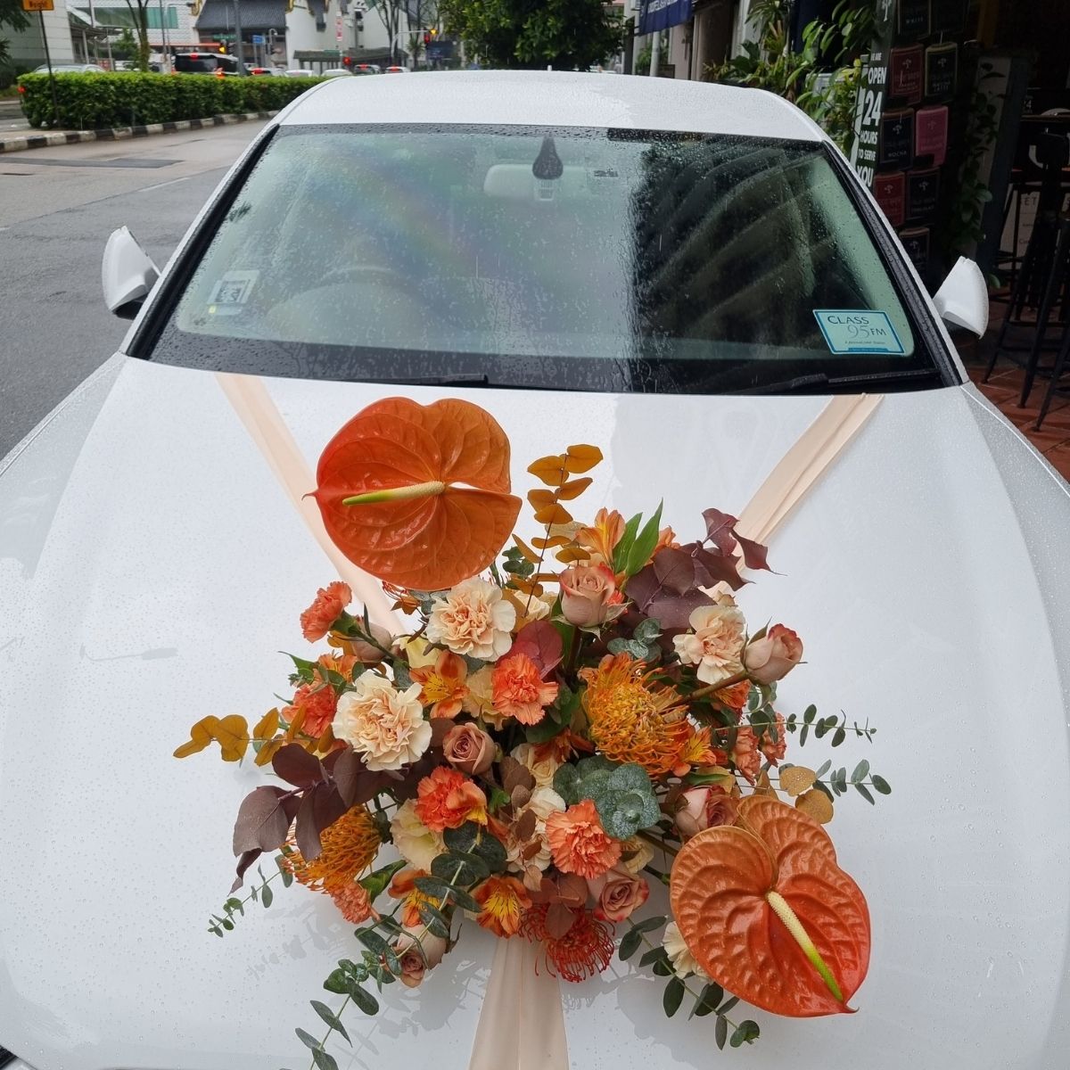 Mercedes autumn rustic wedding car decor rust orange protea dried blooms Singapore
