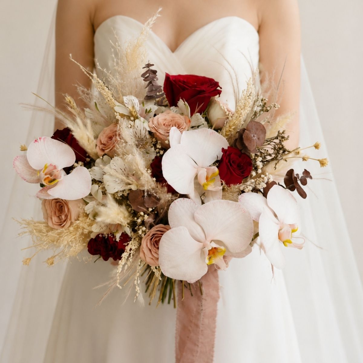 Premium boho bridal bouquet red roses phalaenopsis orchids pampas grass Singapore
