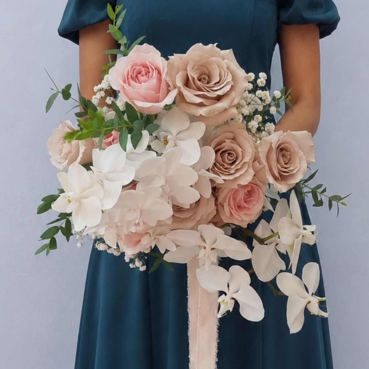 Premium cascading bridal bouquet blush cappuccino roses phalaenopsis orchids Singapore