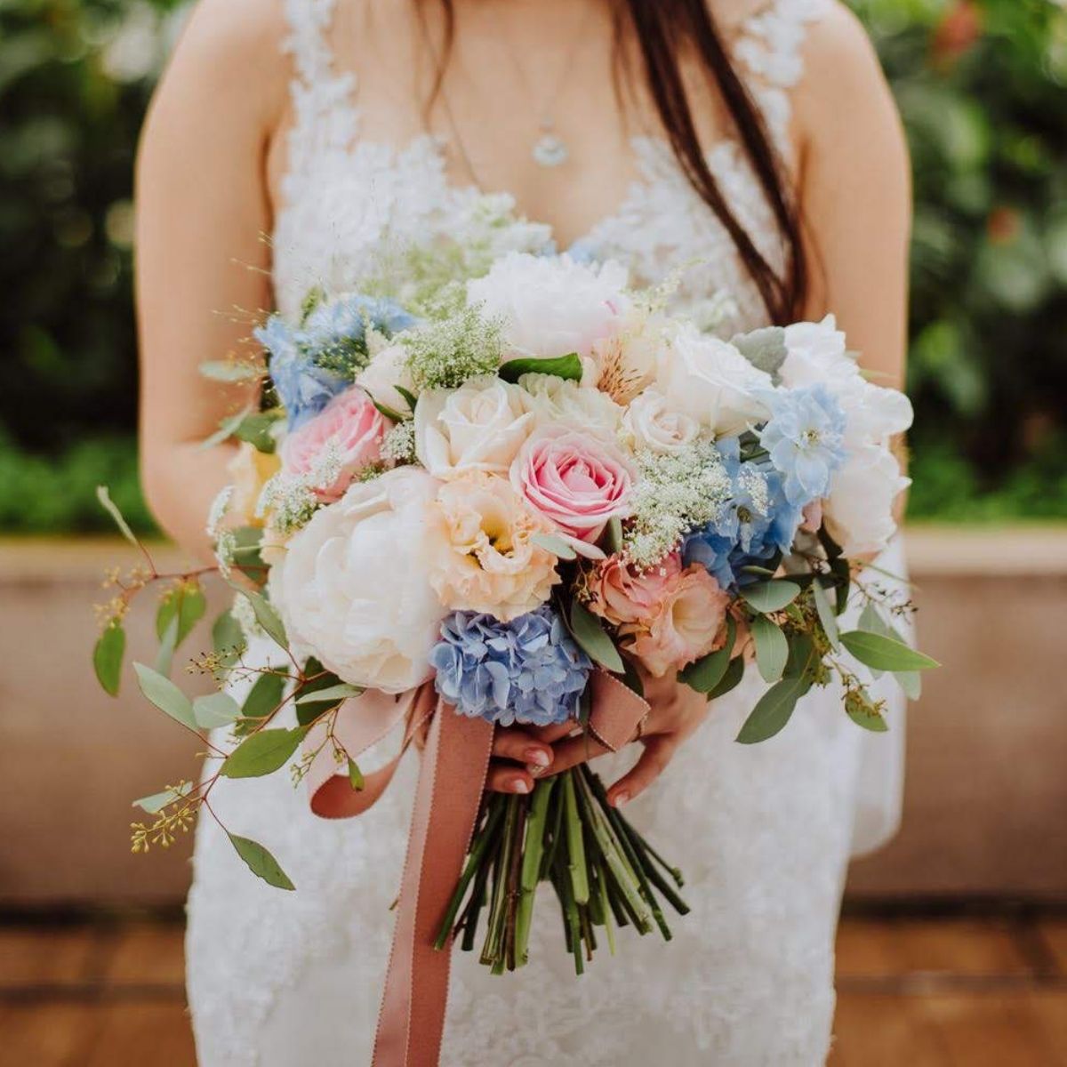 Premium bridal bouquet white peony blue hydrangea pink roses lisianthus Singapore