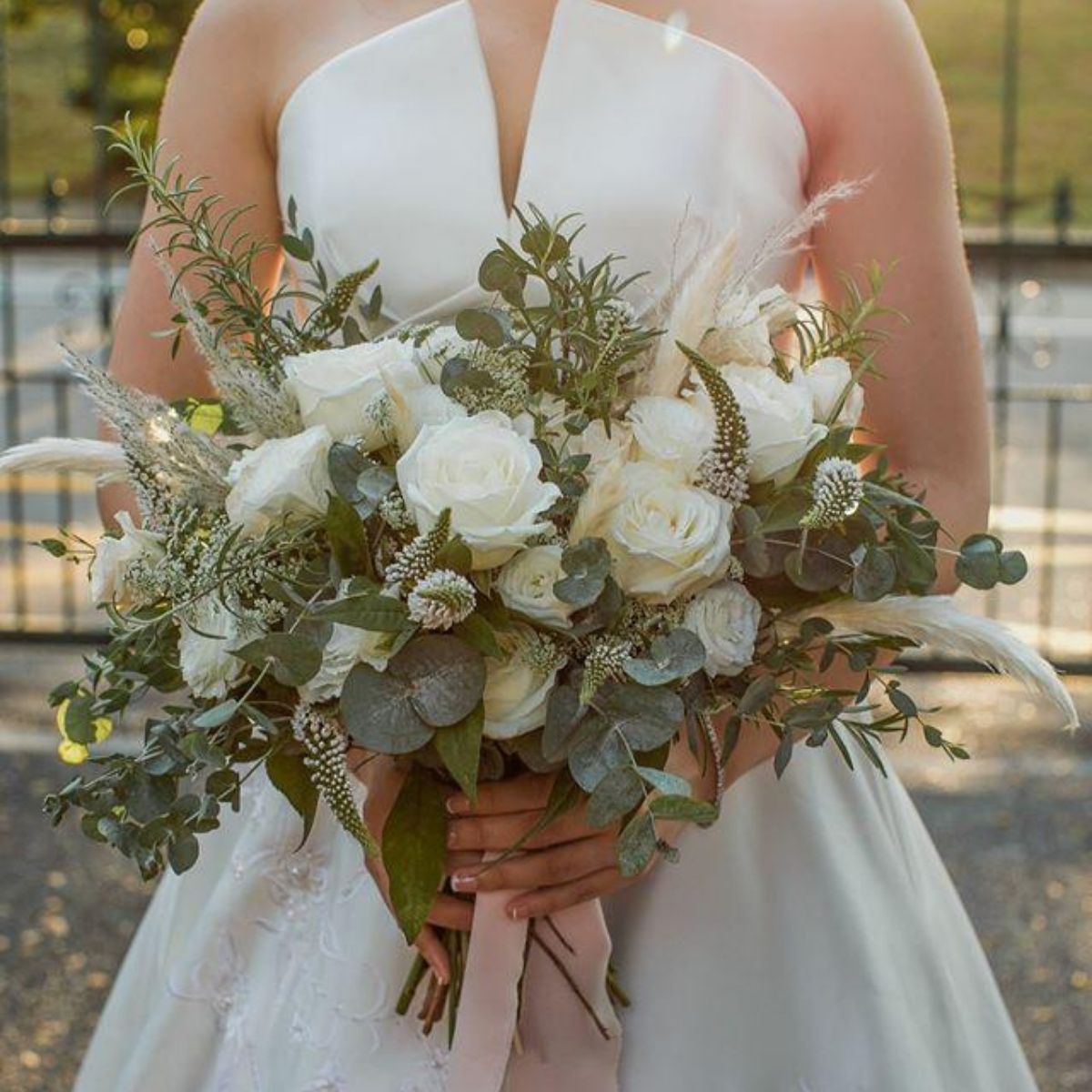 Rustic pampas signature bridal bouquet white roses ivory blooms Singapore