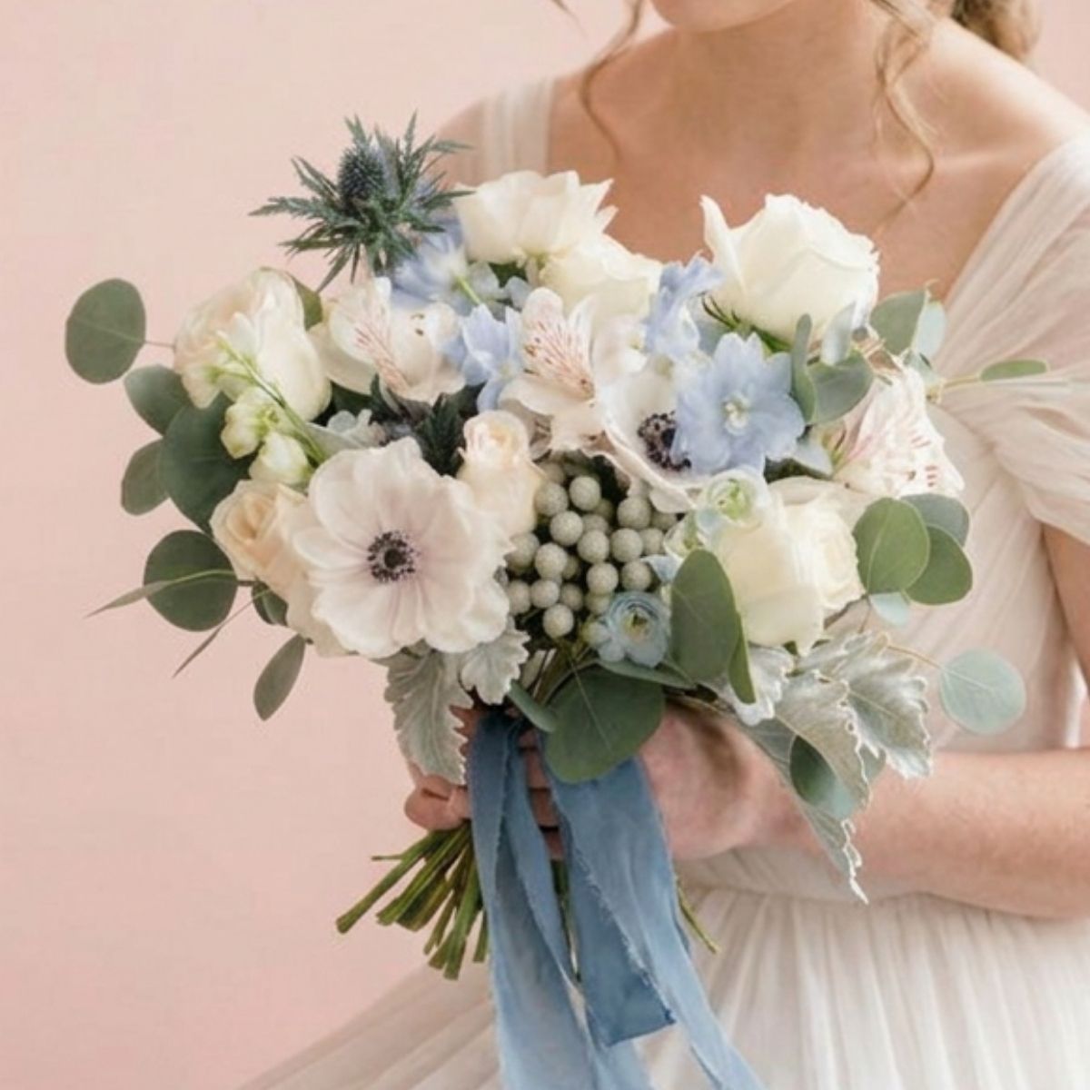 Signature bridal bouquet blue white anemone eucalyptus greenery Singapore