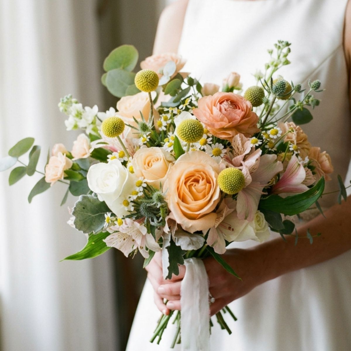 Signature bridal bouquet champagne eucalyptus billy buttons roses Singapore