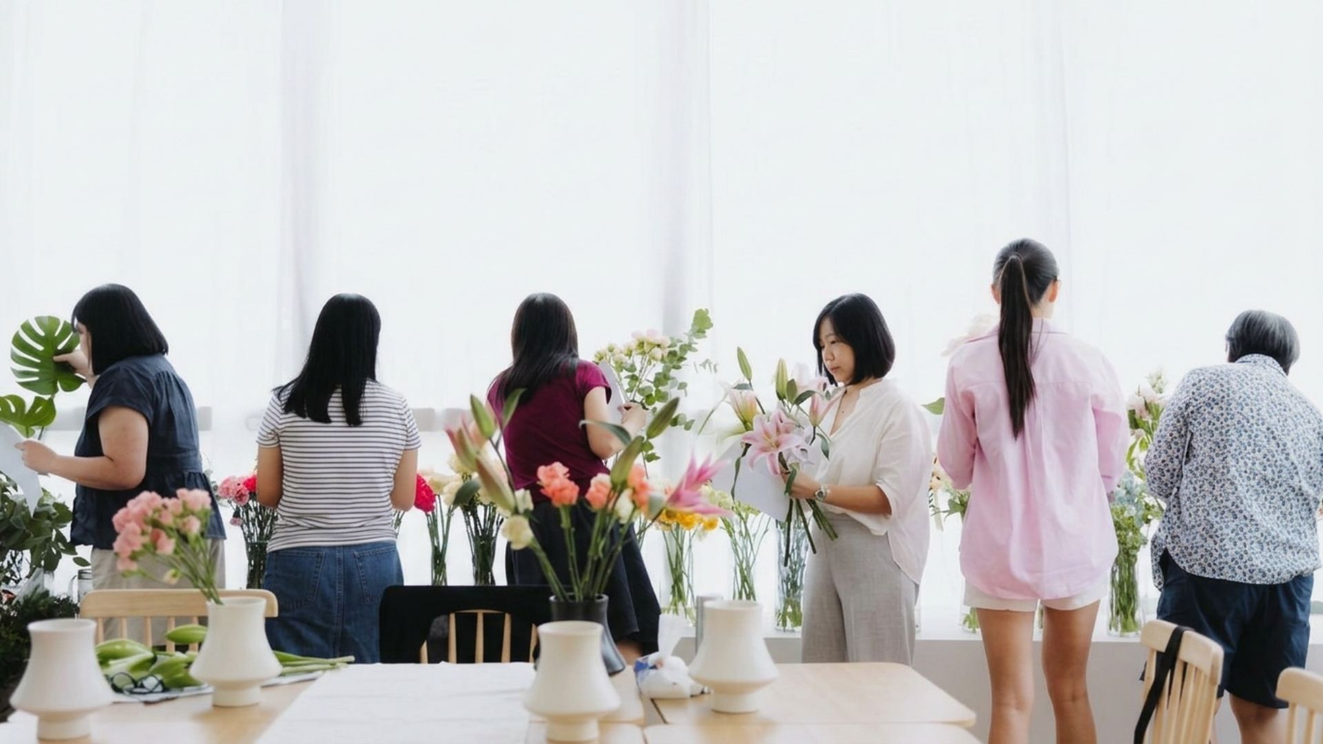 Soft pastel floral arrangements created at Fleuriste's SkillsFuture WSQ product development course in Singapore