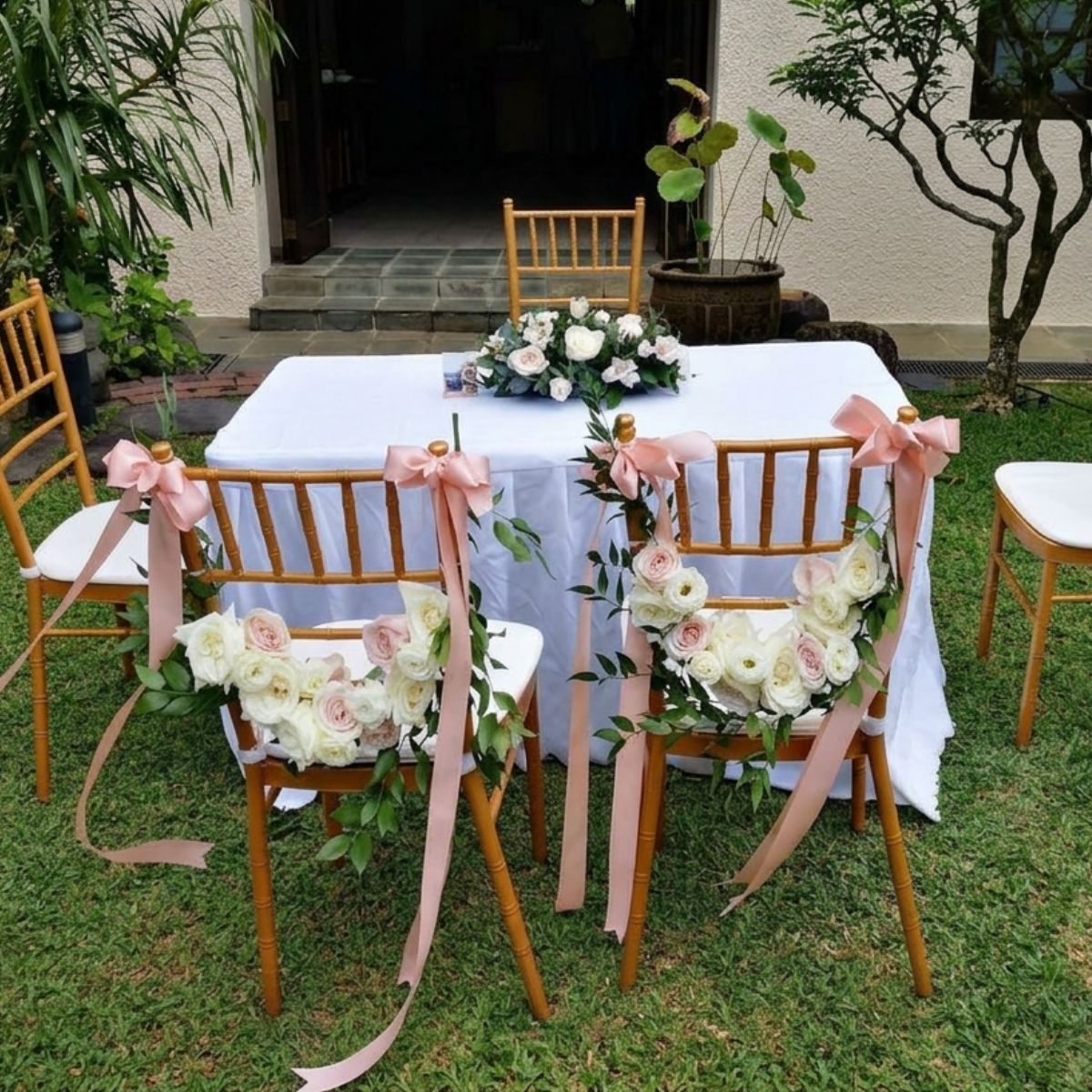 Tiffany chairs home solemnization pink floral chairbacks wedding Singapore