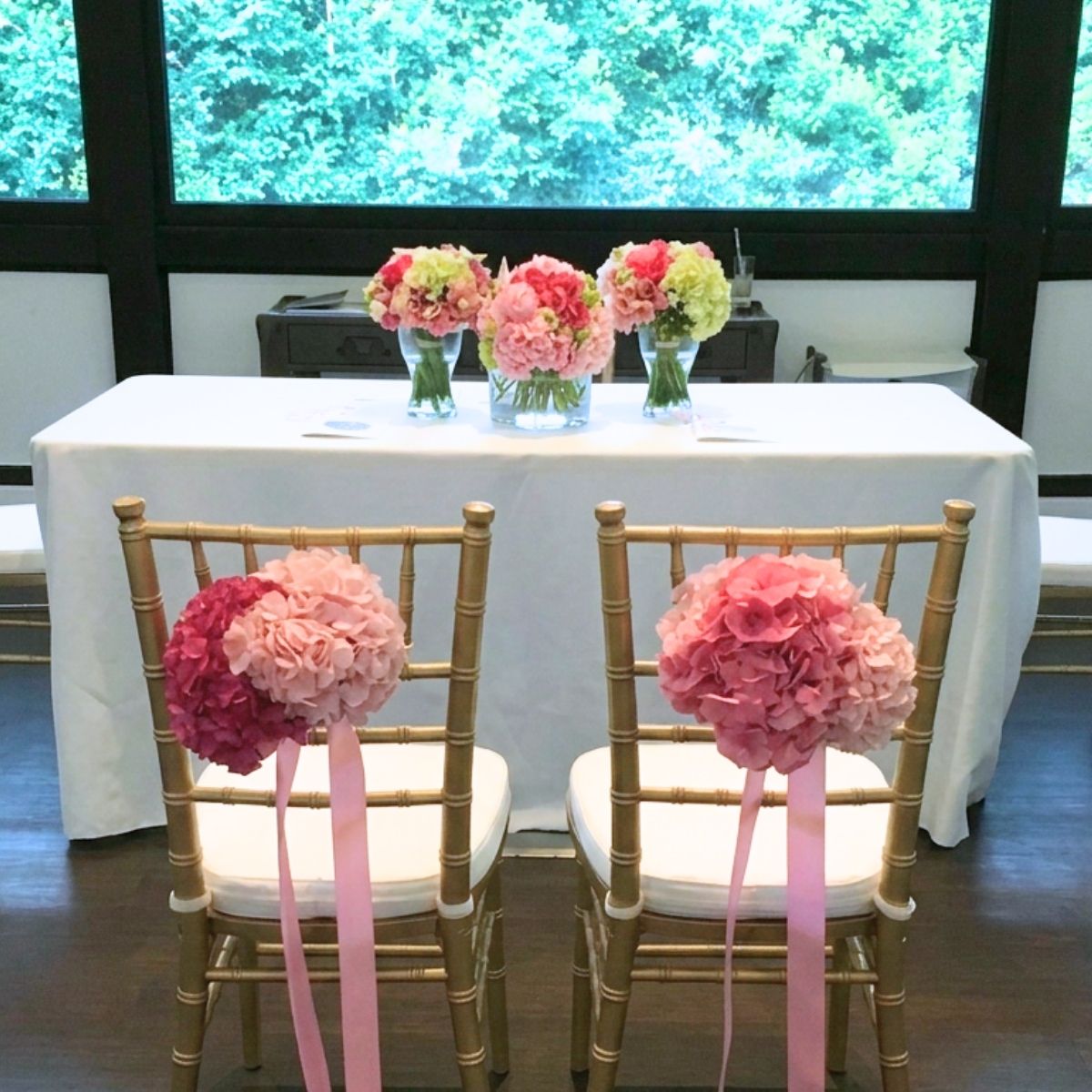 Tiffany chairs private dining pink hydrangea solemnization setup Singapore