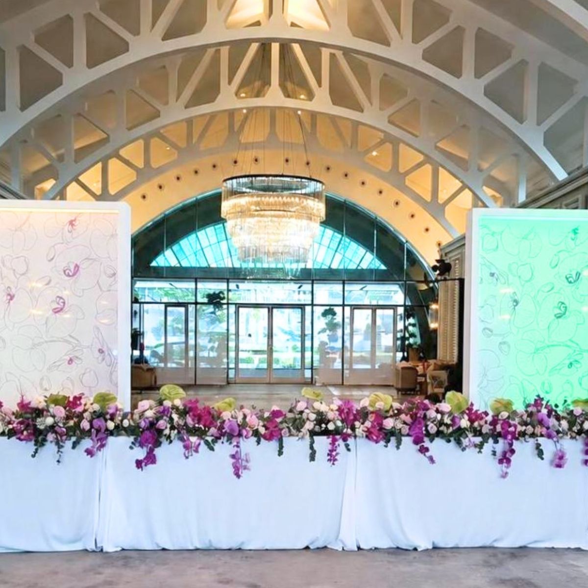 Clifford Pier reception venue styling dramatic orchids purple white blooms ballroom Singapore